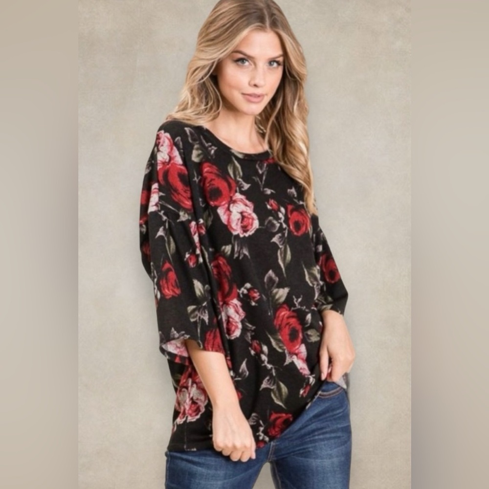 Soft Black & Red Floral Top